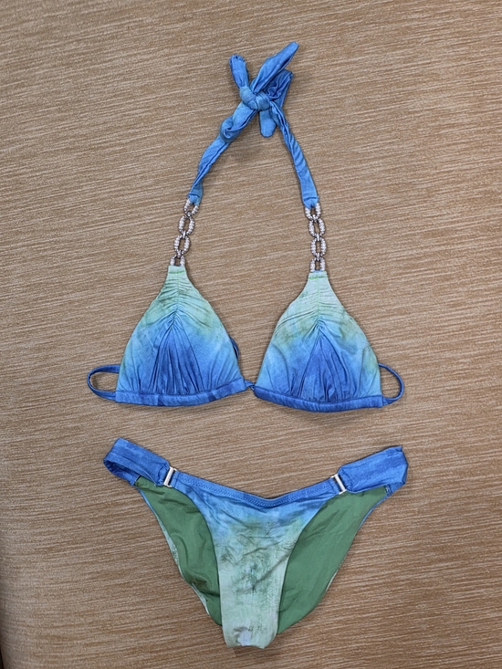 Dolcessa Other - Dolcessa Blue & Green Tie-Dye Triangle Bikini Set Medium Gold Details